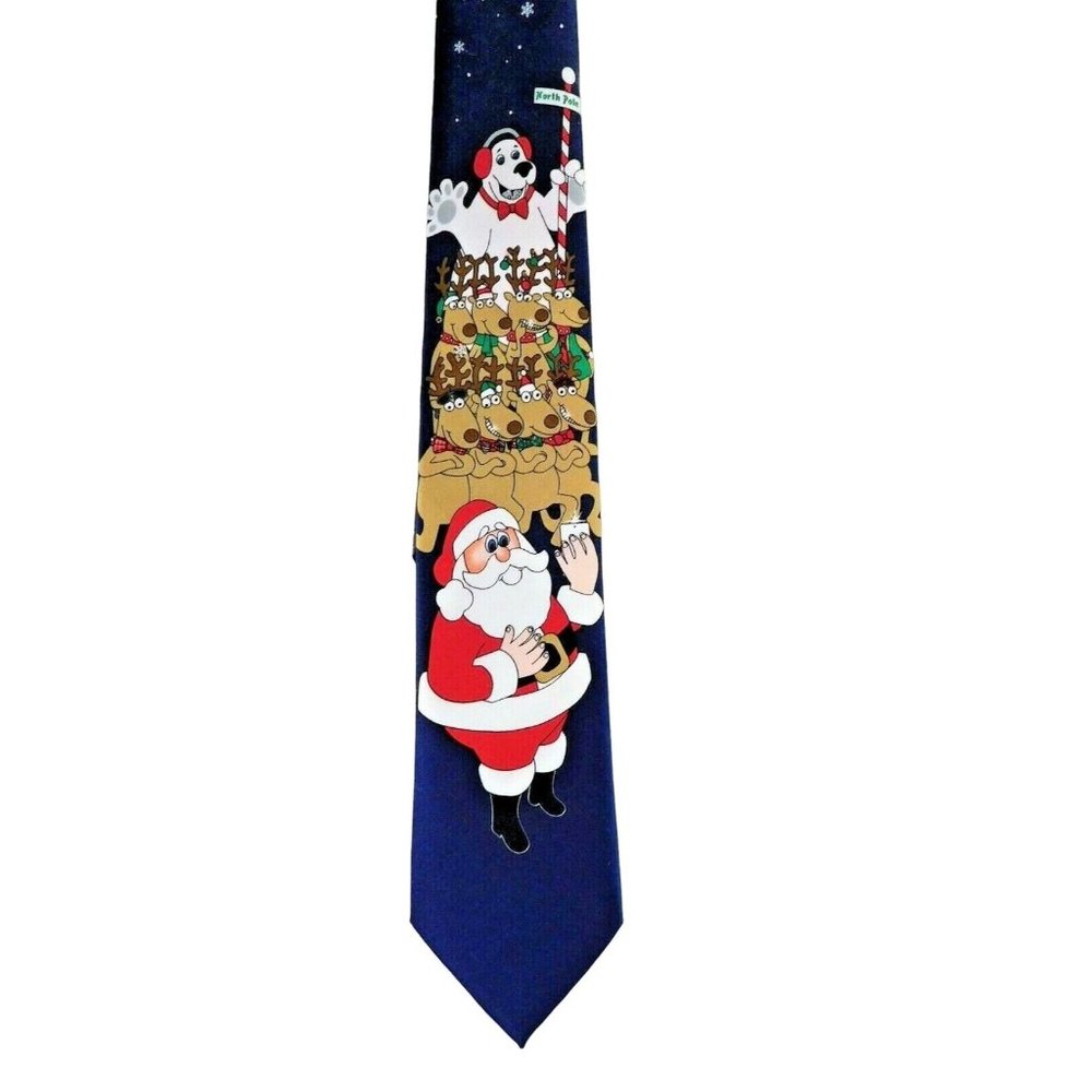 Christmas Necktie Santa Reindeer Selfie Blue Tie Holiday Traditions